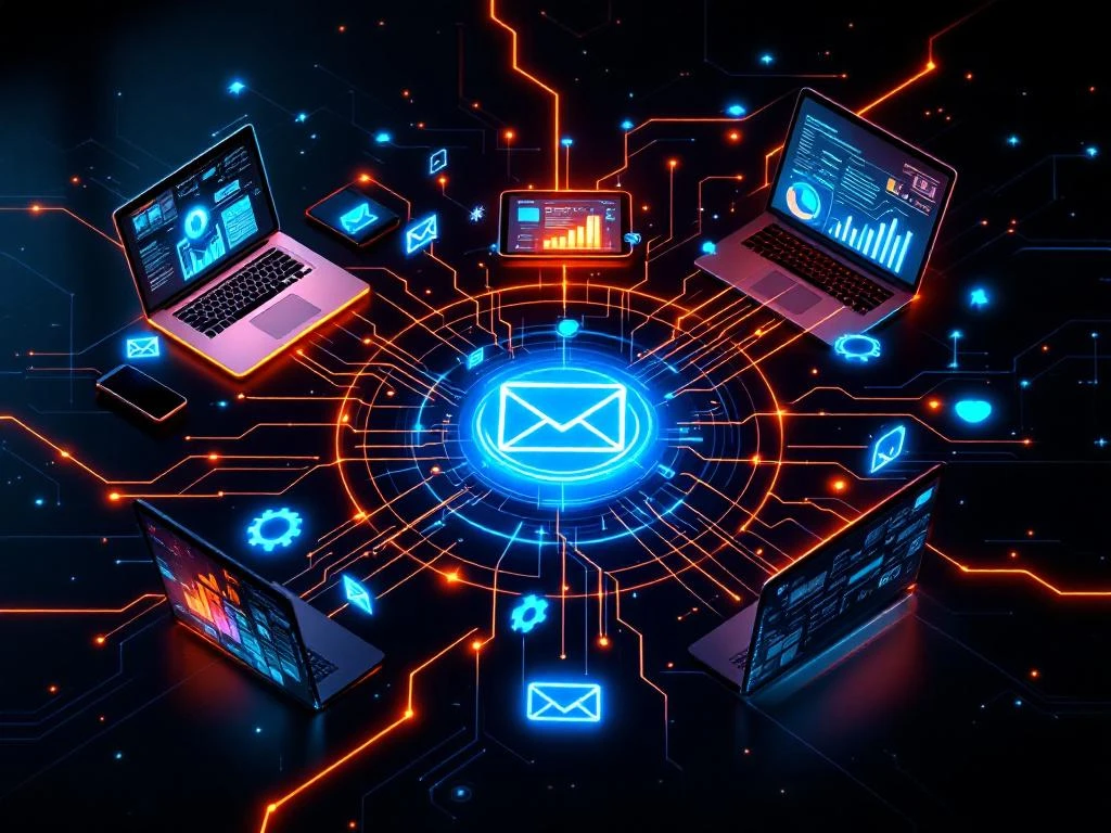 Moderne werkruimte met onderling verbonden apparaten die geautomatiseerde datastromen en workflows tonen in blauw en oranje