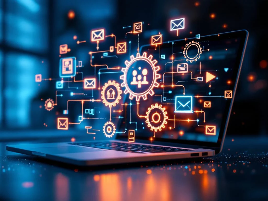 Laptop met workflow-diagrammen en automatiseringsprocessen in moderne werkruimte met holografische elementen