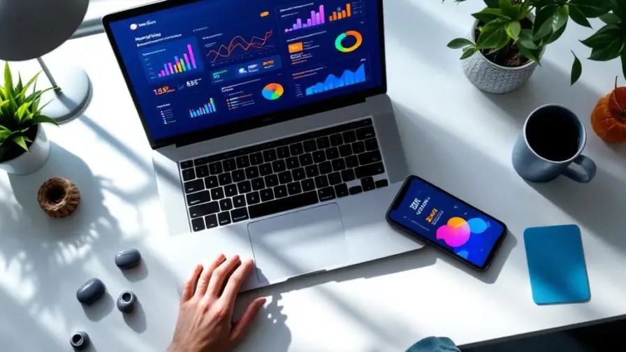 Bovenaanzicht van moderne werkplek met laptop, tablet en smartphone die marketingdashboards en analytics tonen op wit bureau