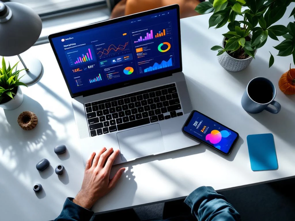Bovenaanzicht van moderne werkplek met laptop, tablet en smartphone die marketingdashboards en analytics tonen op wit bureau