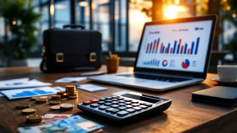 Houten bureau met euro bankbiljetten, rekenmachine met salariscijfers en laptop met marketinggrafieken in modern kantoor