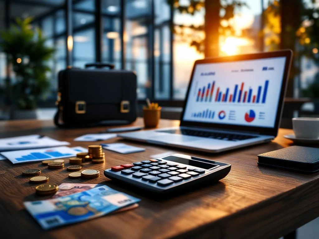 Houten bureau met euro bankbiljetten, rekenmachine met salariscijfers en laptop met marketinggrafieken in modern kantoor