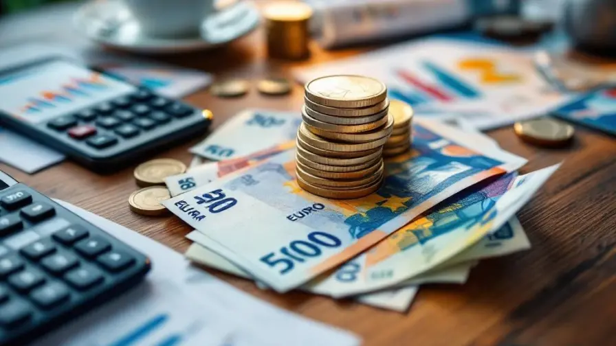 Gestapelde eurobiljetten en munten op bureau met calculator, grafieken en smartphone met financiële analytics