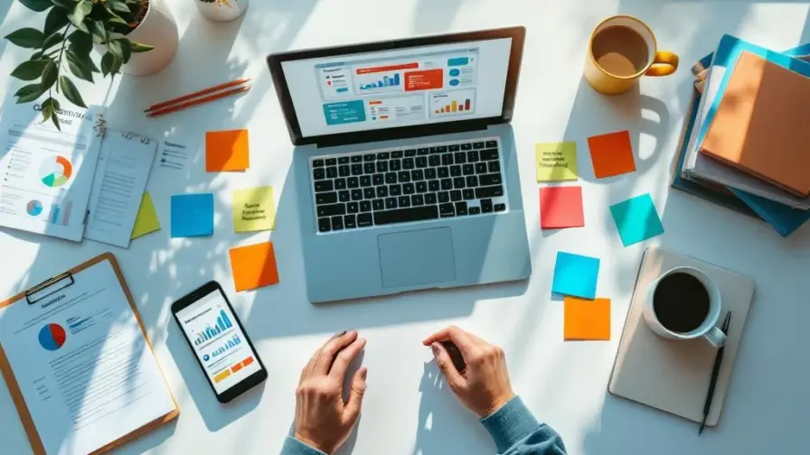 Moderne werkruimte met laptop, marketingmaterialen, smartphone met analytics, boeken en koffie op wit bureau