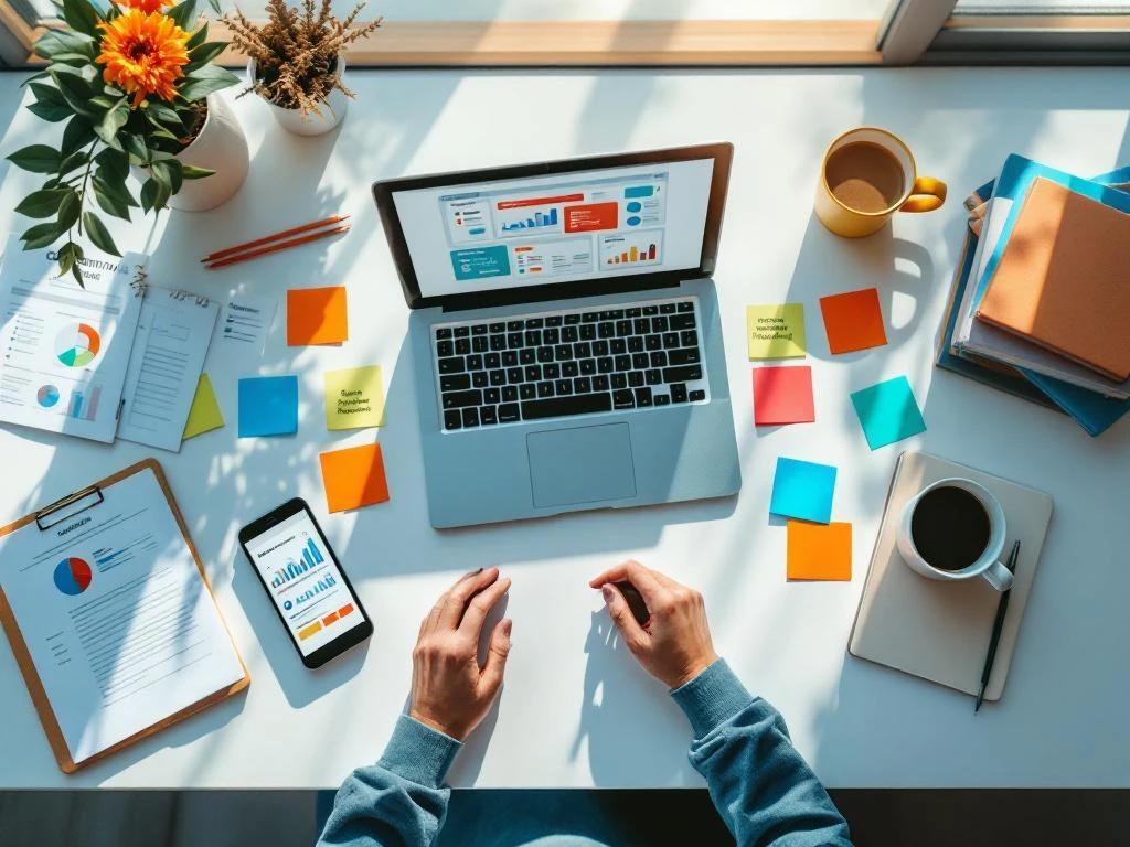 Moderne werkruimte met laptop, marketingmaterialen, smartphone met analytics, boeken en koffie op wit bureau