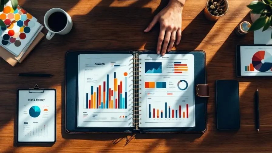 Bovenaanzicht van bureau met geopende portfolio vol merkstrategie grafieken, tablet met analytics en marketingmaterialen