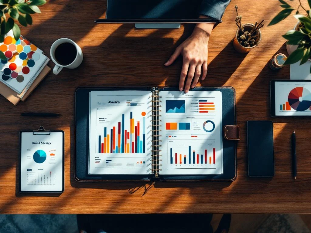 Bovenaanzicht van bureau met geopende portfolio vol merkstrategie grafieken, tablet met analytics en marketingmaterialen