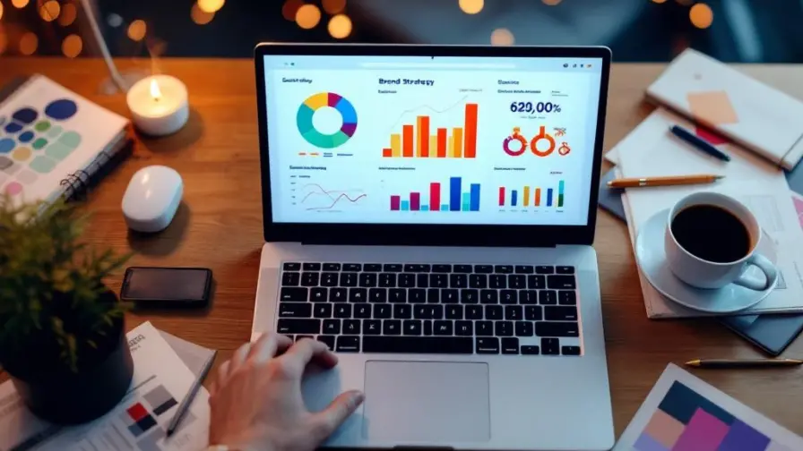 Bovenaanzicht van moderne bureauopstelling met laptop met kleurrijke brandstrategie grafieken, marketingmaterialen en koffie