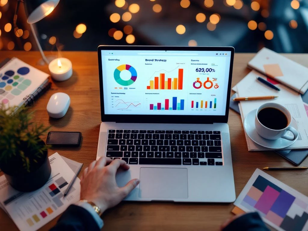 Bovenaanzicht van moderne bureauopstelling met laptop met kleurrijke brandstrategie grafieken, marketingmaterialen en koffie
