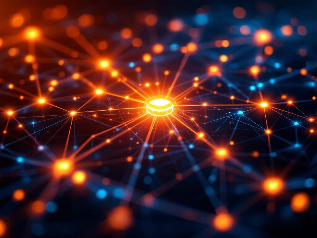 3D netwerkvisualisatie met gloeiende verbindingslijnen en knooppunten die digitale gemeenschap en groei symboliseren