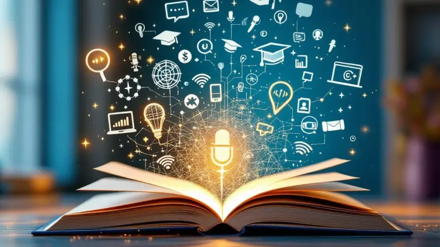 Open leerboek op bureau met laptop waaruit communicatiesymbolen zweven zoals spraakballonnen en afstudeerpetten