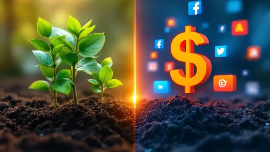 Gesplitste weergave: organische sociale media-iconen groeien uit aarde links, betaalde advertenties met dollartekens rechts
