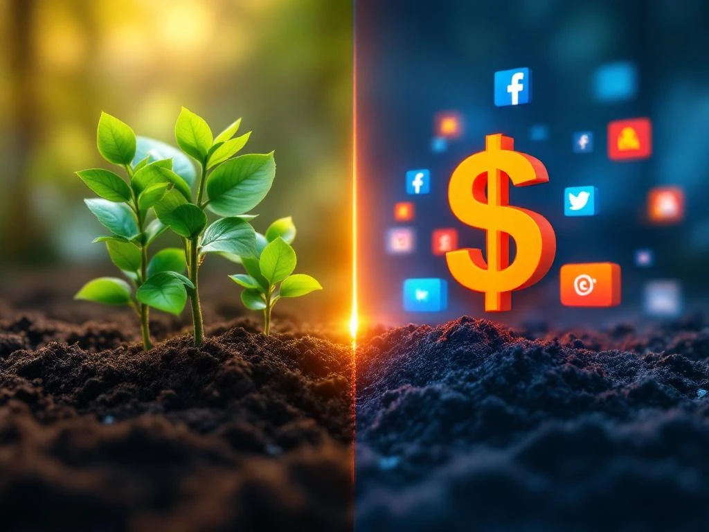 Gesplitste weergave: organische sociale media-iconen groeien uit aarde links, betaalde advertenties met dollartekens rechts