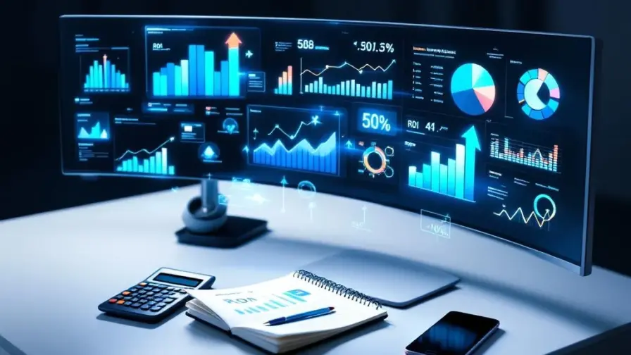 Moderne werkplek met gebogen monitor die analytics dashboards toont, holografische grafieken en ROI-statistieken zweven boven bureau