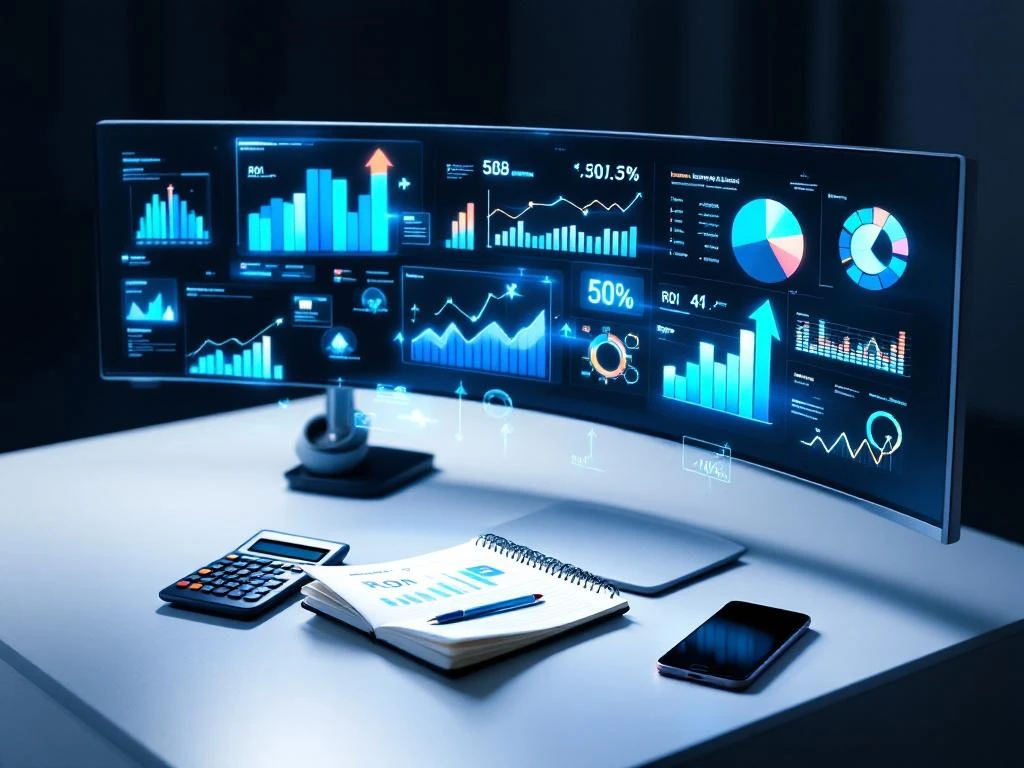 Moderne werkplek met gebogen monitor die analytics dashboards toont, holografische grafieken en ROI-statistieken zweven boven bureau