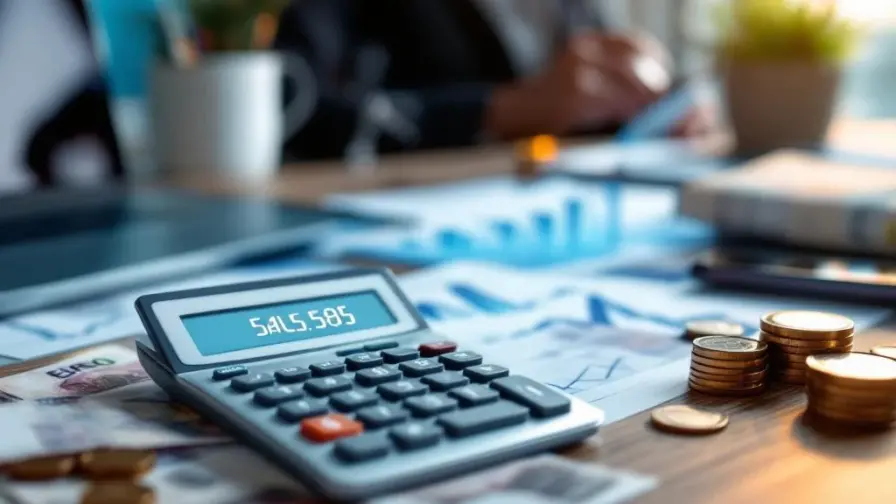 Calculator toont salaris met euro bankbiljetten, laptop en smartphone op professioneel bureau met blauwe achtergrond