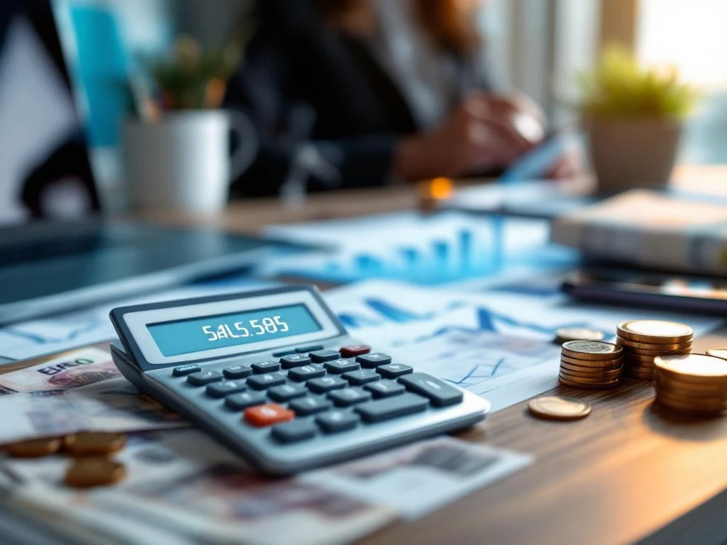 Calculator toont salaris met euro bankbiljetten, laptop en smartphone op professioneel bureau met blauwe achtergrond