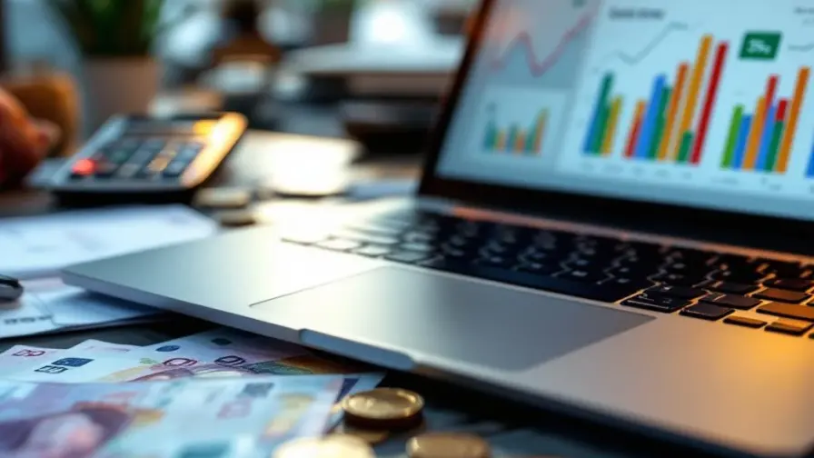 Laptop met Google Ads dashboard en stijgende grafieken omringd door eurobiljetten, calculator en marketingdocumenten