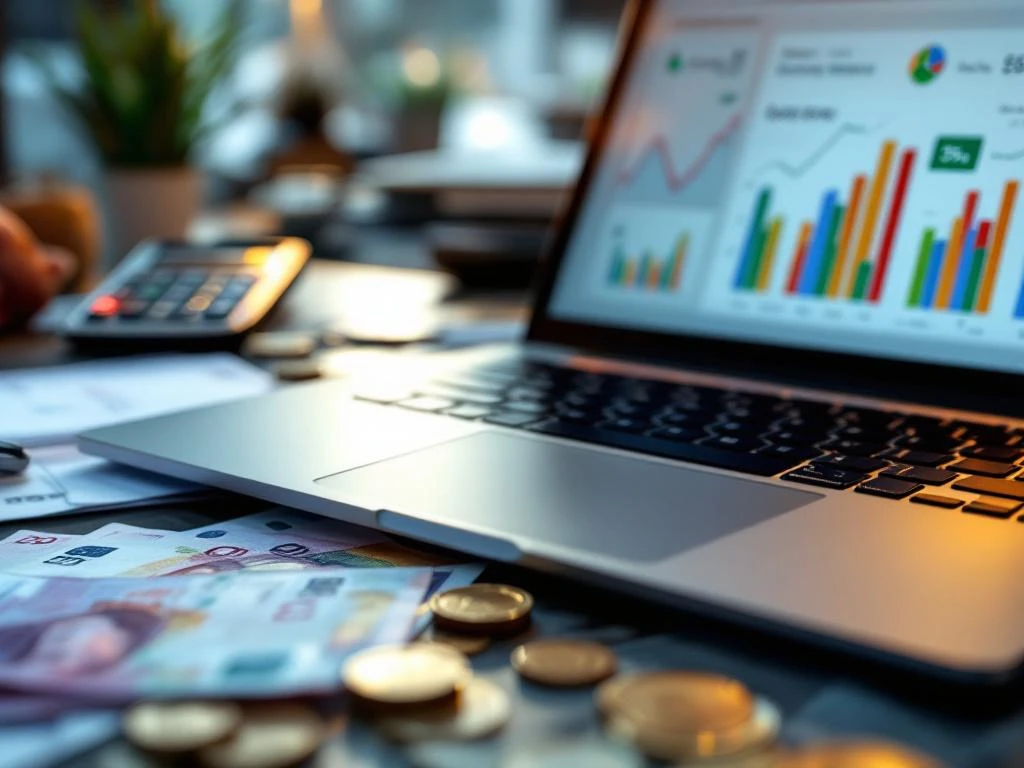 Laptop met Google Ads dashboard en stijgende grafieken omringd door eurobiljetten, calculator en marketingdocumenten