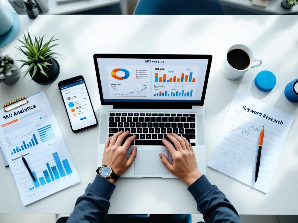 Laptop met SEO-analysegrafieken op wit bureau, omringd door smartphone, onderzoeksdocumenten en notitieblok