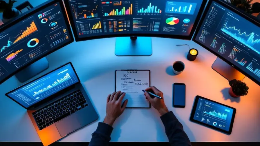 Modern bureau met meerdere monitoren die SEO-analytics en websitedata tonen, laptop, smartphone en onderzoeksnotities