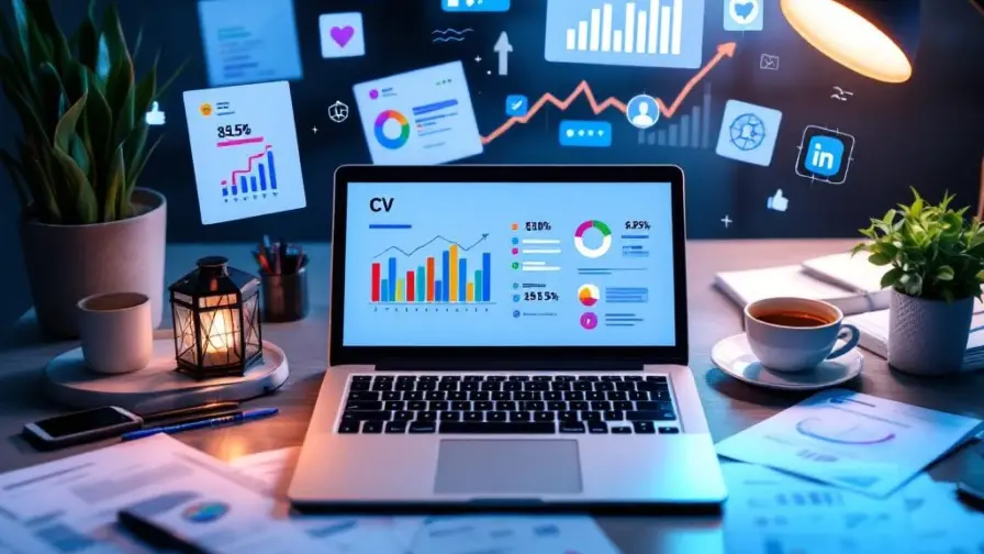 Professionele werkplek met laptop die sociale media analytics toont, CV-documenten en grafieken voor carrièregroei