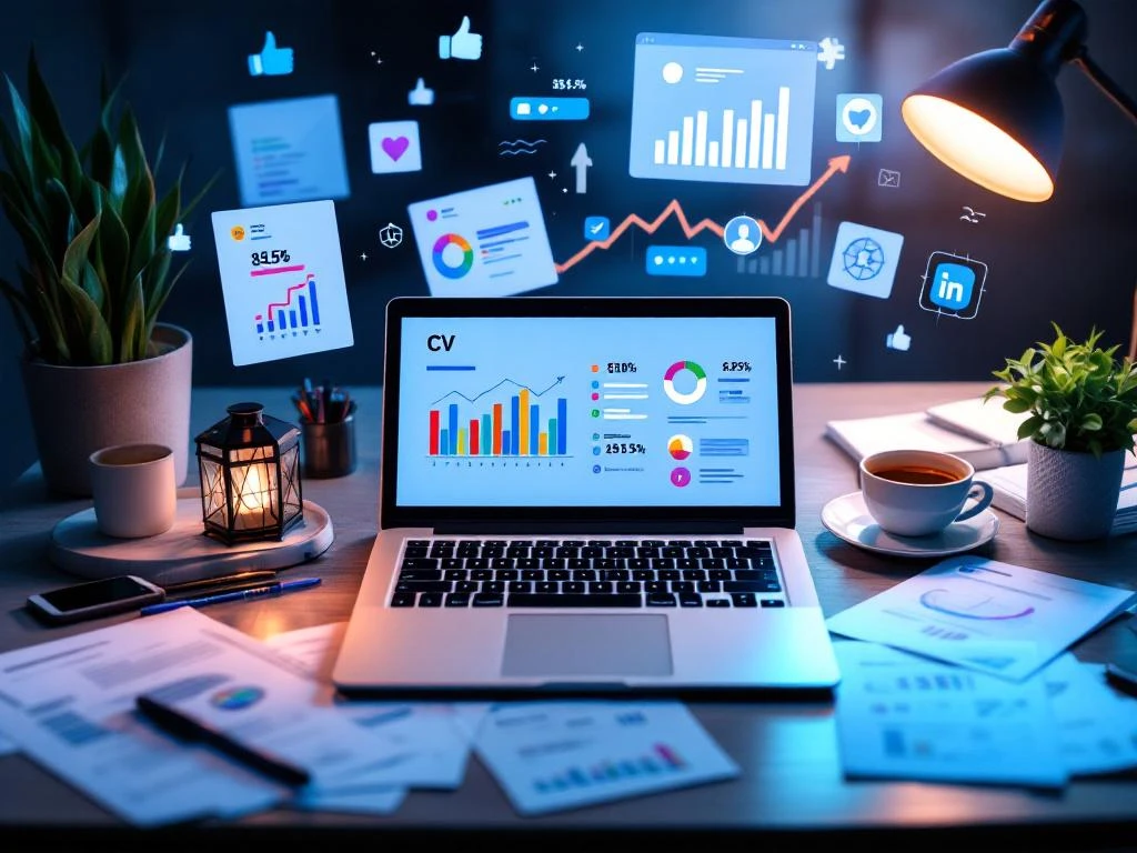 Professionele werkplek met laptop die sociale media analytics toont, CV-documenten en grafieken voor carrièregroei