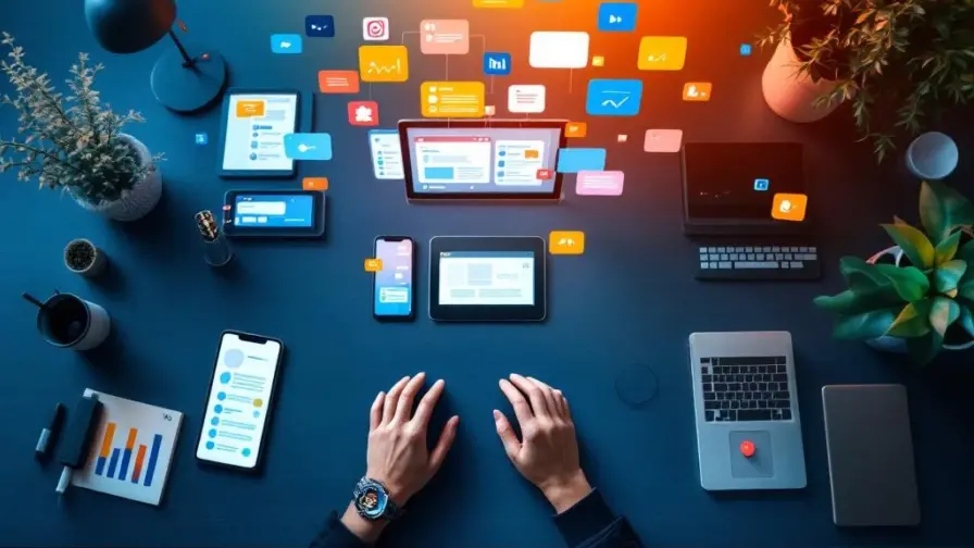 Bovenaanzicht van moderne werkplek met smartphone, tablet en laptop met social media interfaces en kleurrijke meldingen