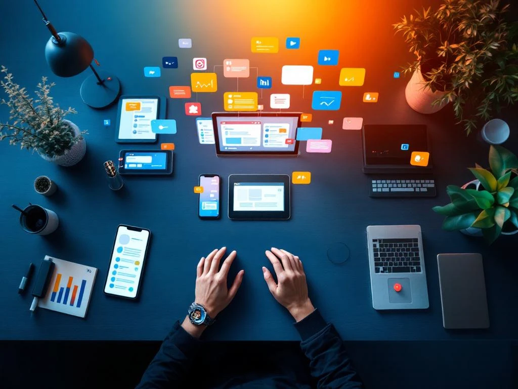 Bovenaanzicht van moderne werkplek met smartphone, tablet en laptop met social media interfaces en kleurrijke meldingen