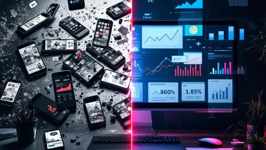 Split-screen vergelijking van sociale media chaos met dalende grafieken links versus georganiseerd succes met stijgende analytics rechts