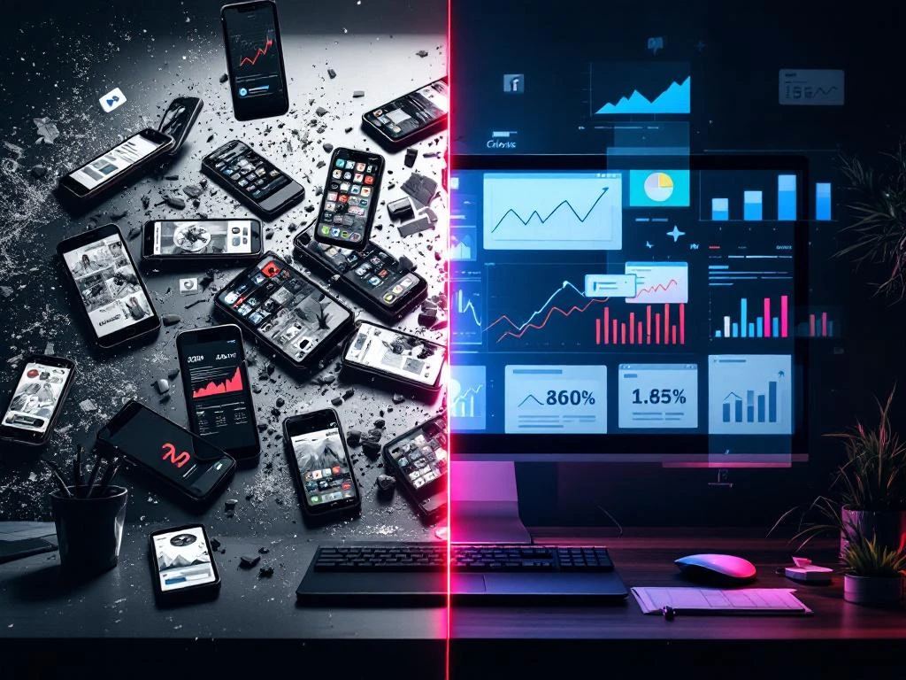Split-screen vergelijking van sociale media chaos met dalende grafieken links versus georganiseerd succes met stijgende analytics rechts