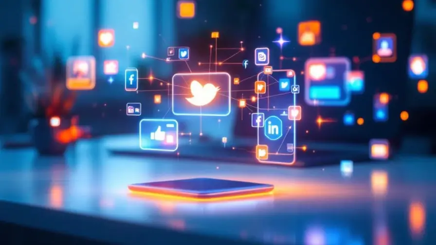 Moderne werkruimte met zwevende smartphones die sociale media tonen, verbonden door digitale lijnen en engagement-iconen