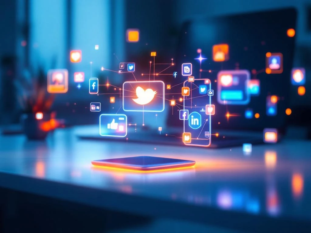 Moderne werkruimte met zwevende smartphones die sociale media tonen, verbonden door digitale lijnen en engagement-iconen