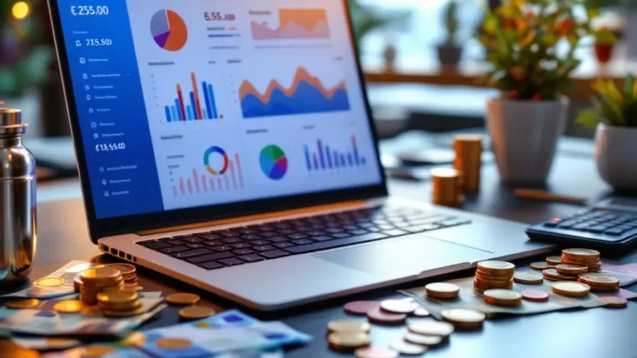 Laptop met sociale media analytics dashboards, euro bankbiljetten en rekenmachine op professioneel bureau