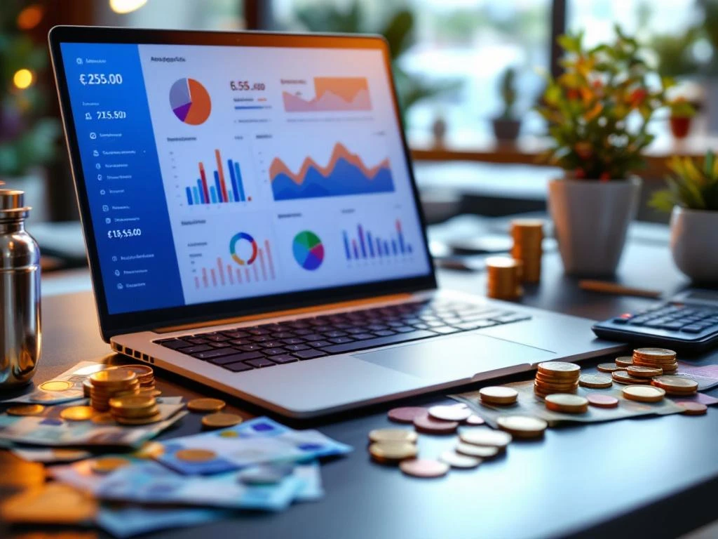 Laptop met sociale media analytics dashboards, euro bankbiljetten en rekenmachine op professioneel bureau