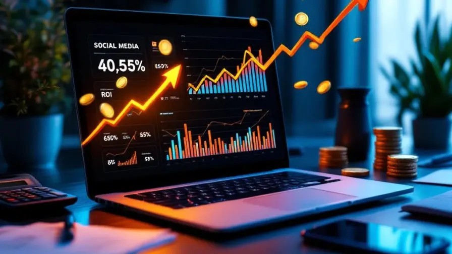 Laptop met sociale media analytics dashboard en stijgende grafieken, omringd door gouden munten en financiële documenten