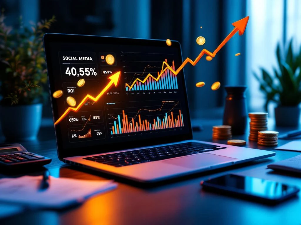 Laptop met sociale media analytics dashboard en stijgende grafieken, omringd door gouden munten en financiële documenten