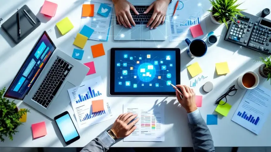 Bovenaanzicht van professionele werkruimte met tablet, social media dashboards, planning documenten en strategische notities