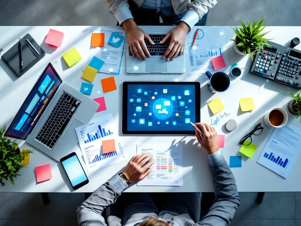 Bovenaanzicht van professionele werkruimte met tablet, social media dashboards, planning documenten en strategische notities