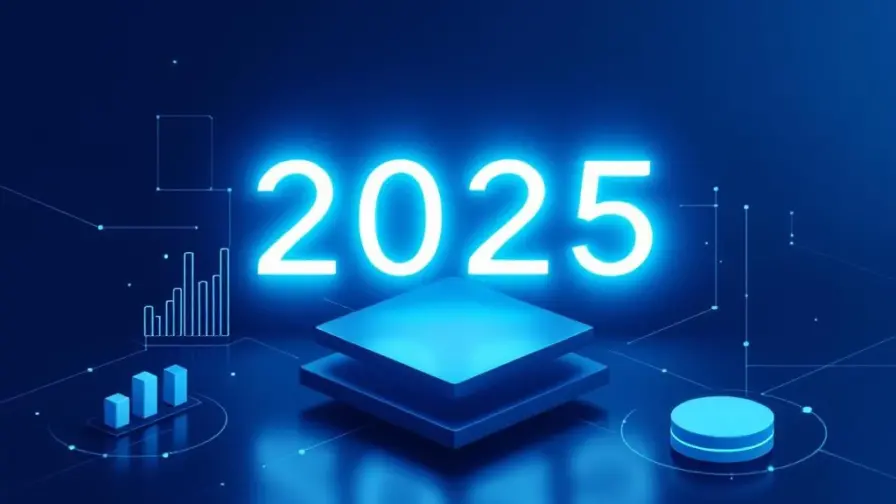 Futuristische 2025 typografie met digitale marketing elementen: smartphone, data visualisatie en AI iconen op navy achtergrond