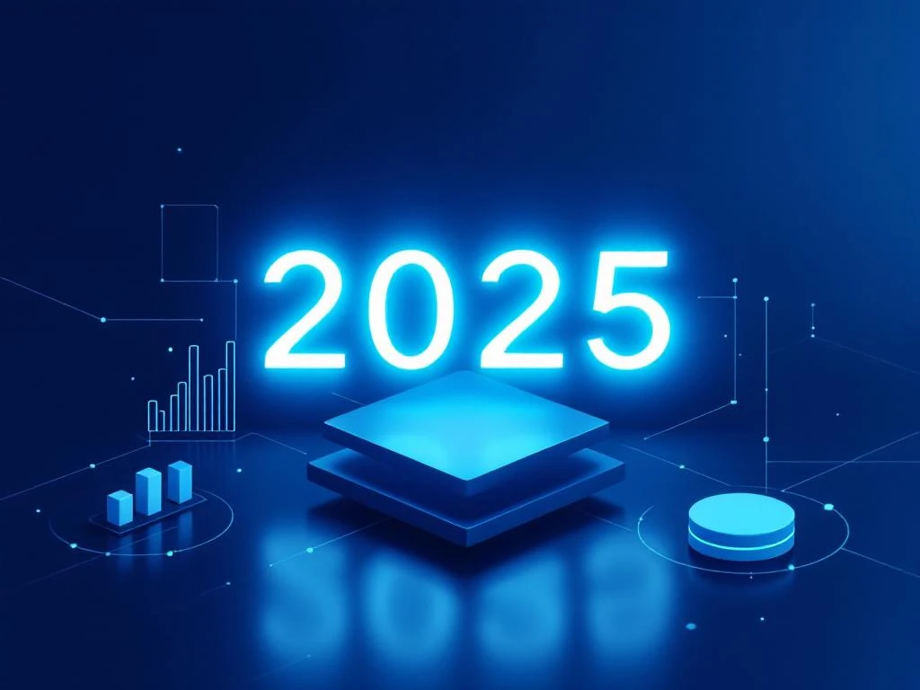 Futuristische 2025 typografie met digitale marketing elementen: smartphone, data visualisatie en AI iconen op navy achtergrond