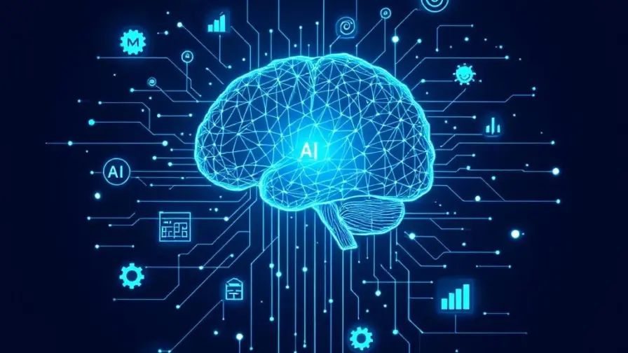 AI-brein circuitpatroon verbonden met marketingpictogrammen door lichtgevende lijnen op donkerblauwe achtergrond