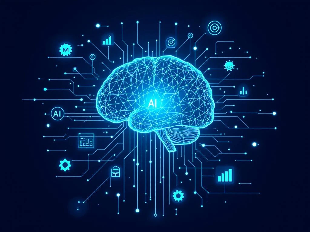 AI-brein circuitpatroon verbonden met marketingpictogrammen door lichtgevende lijnen op donkerblauwe achtergrond