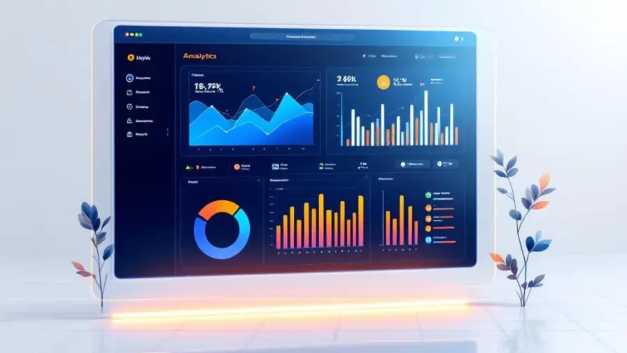 Minimalistisch analytics dashboard met datavisualisatie grafieken in blauw en oranje op witte achtergrond