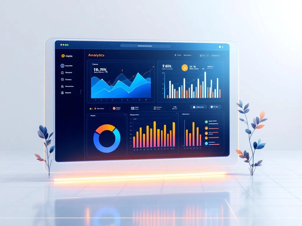 Minimalistisch analytics dashboard met datavisualisatie grafieken in blauw en oranje op witte achtergrond