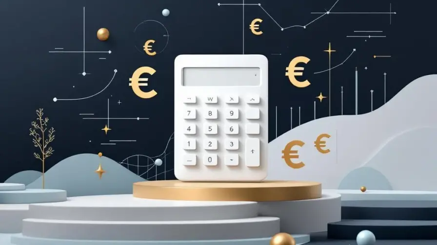 Witte rekenmachine met zwevende eurosymbolen en grafieken op gradiënt achtergrond voor financiële berekeningen