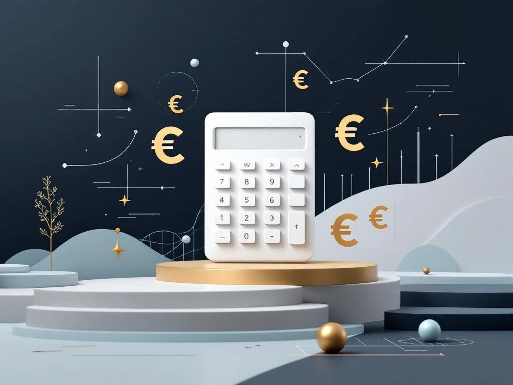 Witte rekenmachine met zwevende eurosymbolen en grafieken op gradiënt achtergrond voor financiële berekeningen