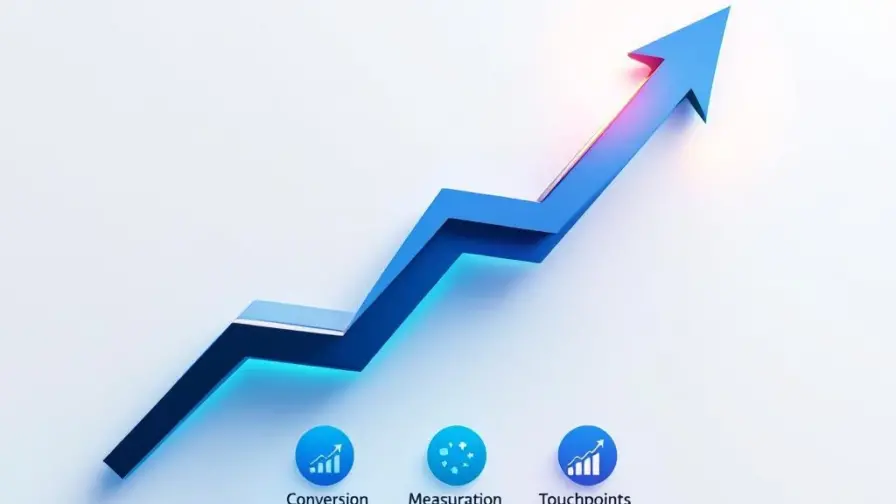 Opwaartse pijl in blauw en teal met conversie-iconen eronder, minimalistisch marketingontwerp op witte achtergrond