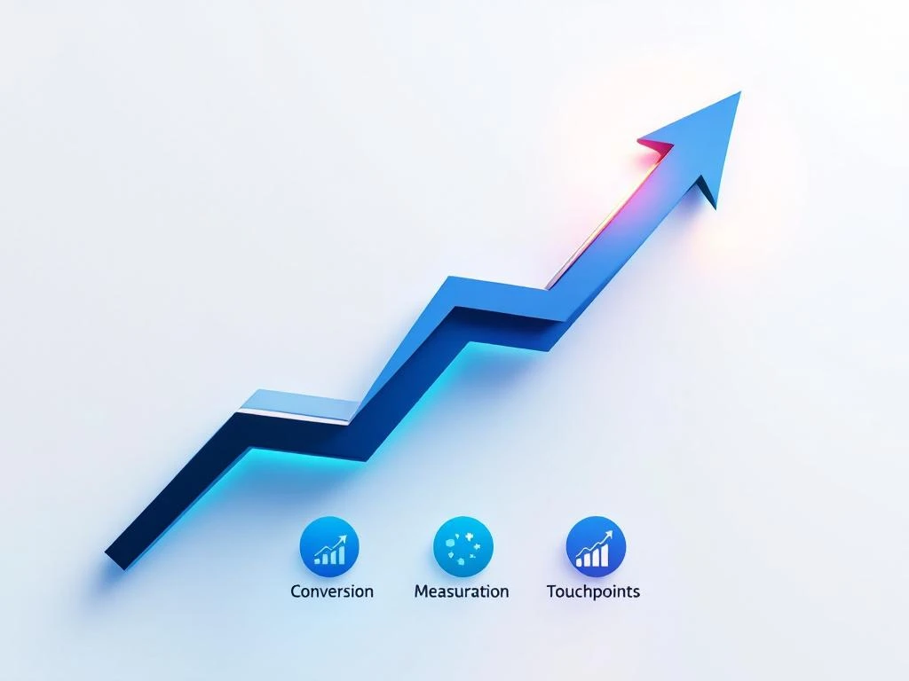 Opwaartse pijl in blauw en teal met conversie-iconen eronder, minimalistisch marketingontwerp op witte achtergrond