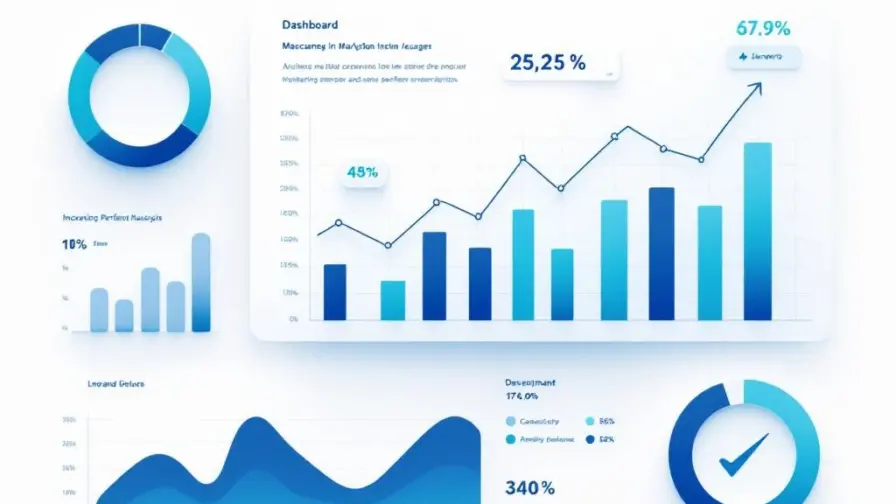 Minimalistisch dashboard met blauwe KPI-visualisaties, cirkeldiagrammen en stijgende grafieken op witte achtergrond